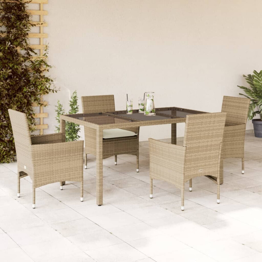 vidaXL 5-delige Tuinset met kussens poly rattan en glas beige afbeelding 1