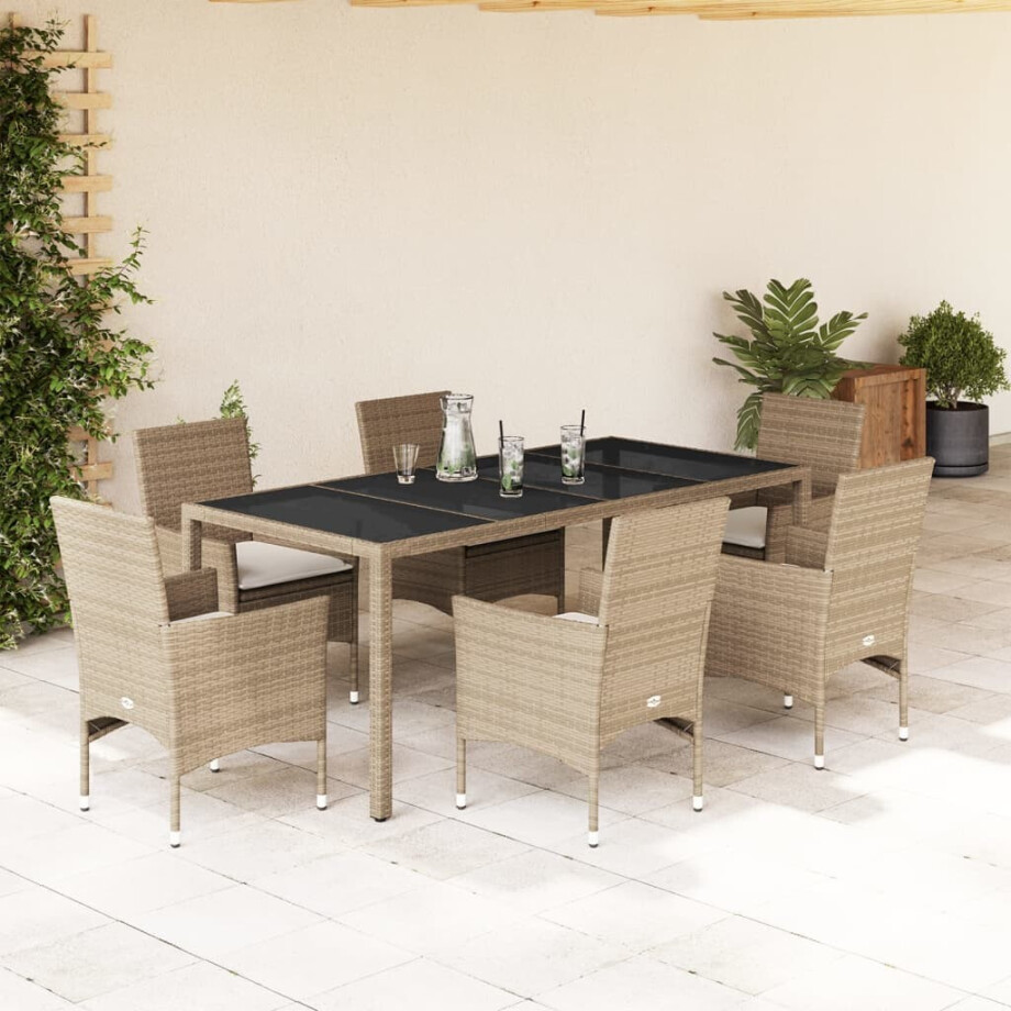 vidaXL 7-delige Tuinset met kussens poly rattan en glas beige afbeelding 1