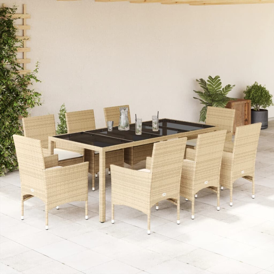 vidaXL 9-delige Tuinset met kussens poly rattan en glas beige afbeelding 1