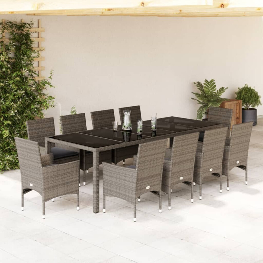 vidaXL 11-delige Tuinset met kussens poly rattan en glas grijs vidaXL 11-delige Tuinset met kussens poly rattan en glas grijs afbeelding 1