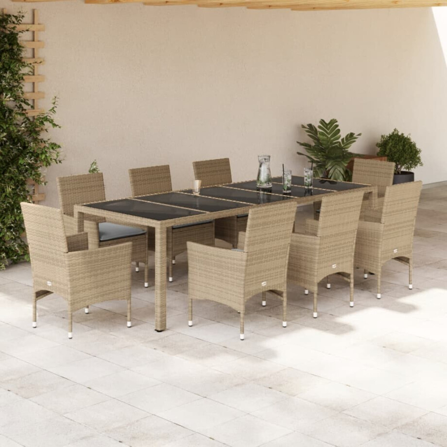 vidaXL 9-delige Tuinset met kussens poly rattan en glas beige afbeelding 1