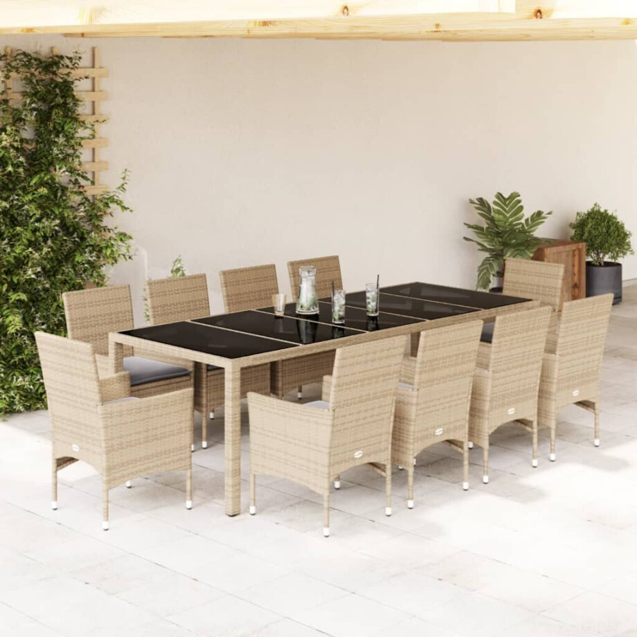 vidaXL 11-delige Tuinset met kussens poly rattan en glas beige afbeelding 1