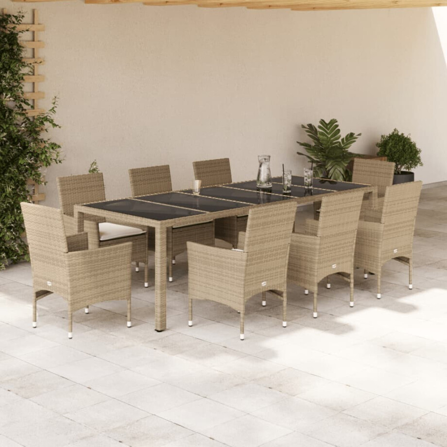 vidaXL 9-delige Tuinset met kussens poly rattan en glas beige afbeelding 1