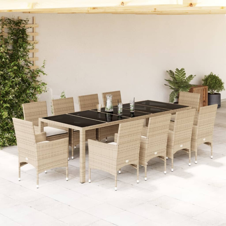 vidaXL 11-delige Tuinset met kussens poly rattan en glas beige afbeelding 1