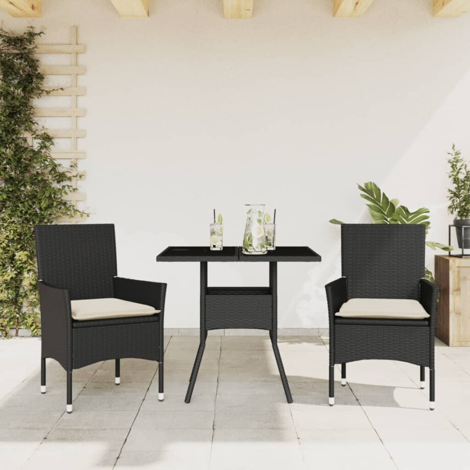 vidaXL 3-delige Tuinset met kussens poly rattan en glas zwart afbeelding 1
