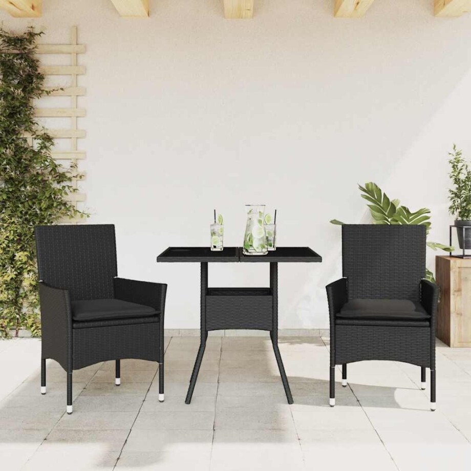 vidaXL 3-delige Tuinset met kussens poly rattan en glas zwart afbeelding 1