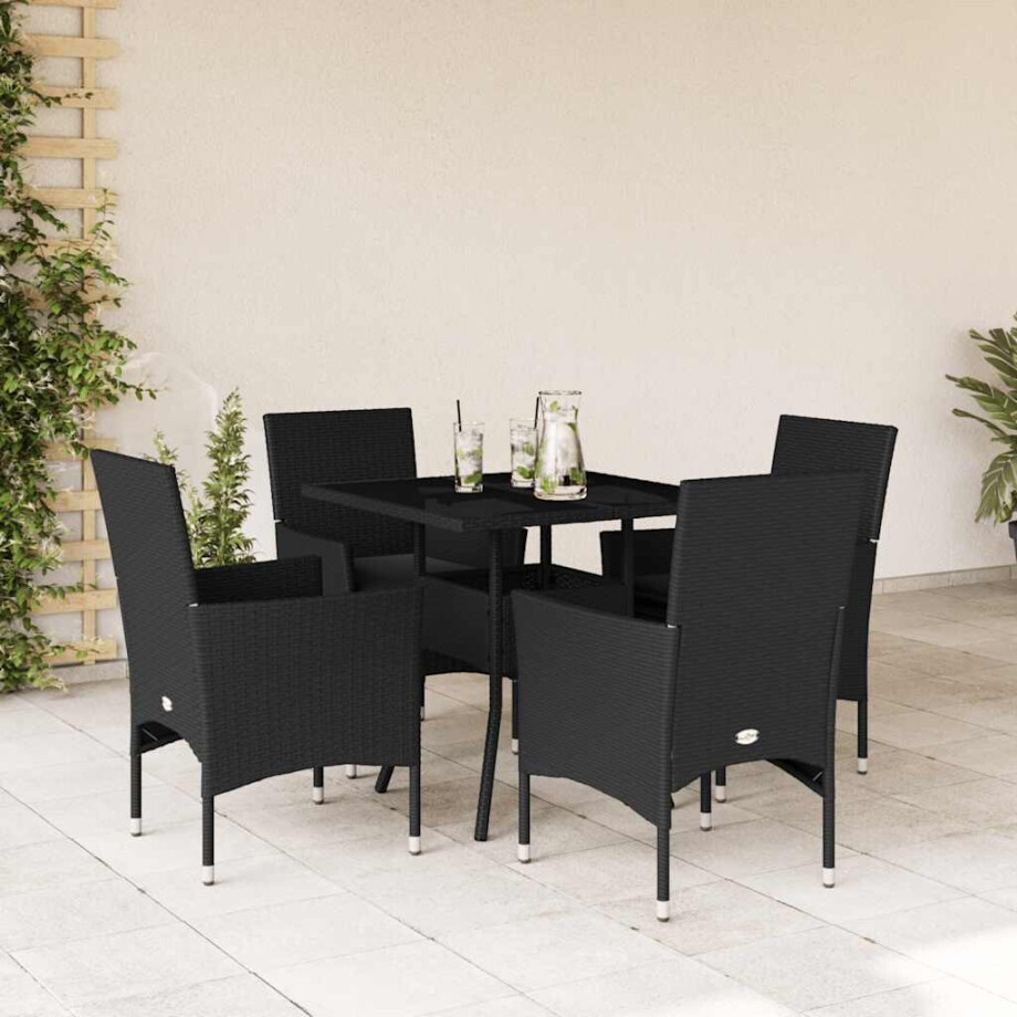 vidaXL 5-delige Tuinset met kussens poly rattan en glas zwart afbeelding 1