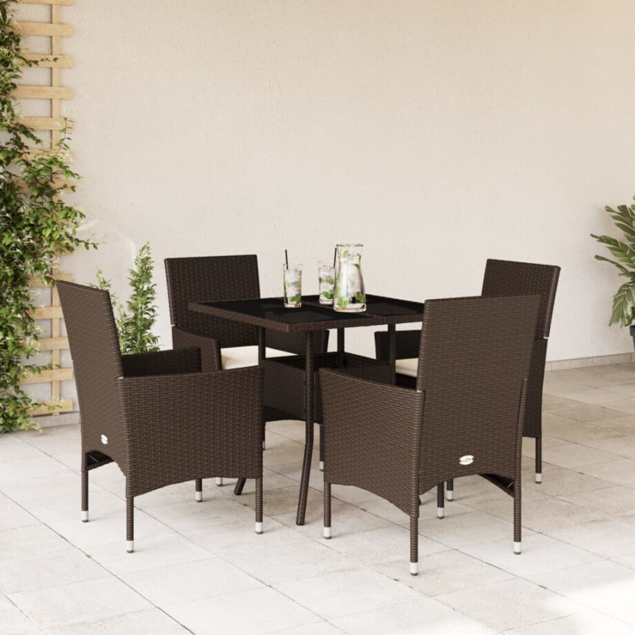 vidaXL 5-delige Tuinset met kussens poly rattan en glas bruin afbeelding 1