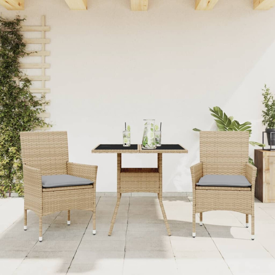 vidaXL 3-delige Tuinset met kussens poly rattan en glas beige vidaXL 3-delige Tuinset met kussens poly rattan en glas beige afbeelding 1