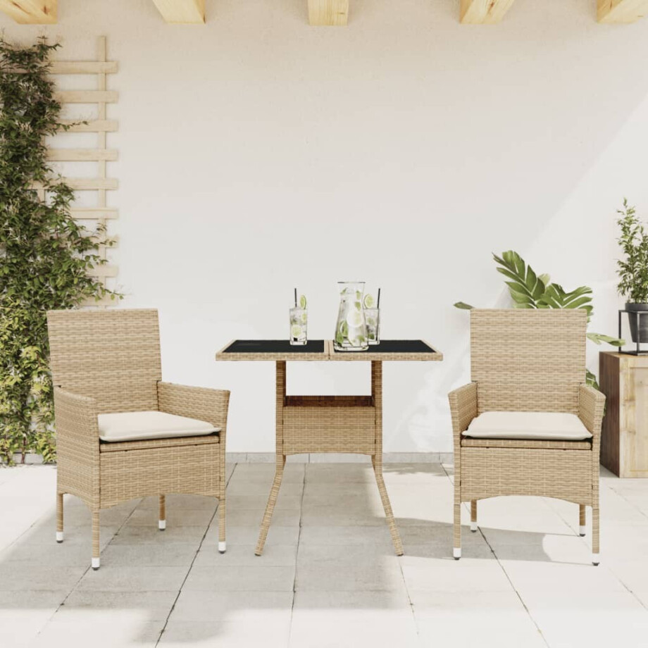 vidaXL 3-delige Tuinset met kussens poly rattan en glas beige afbeelding 1