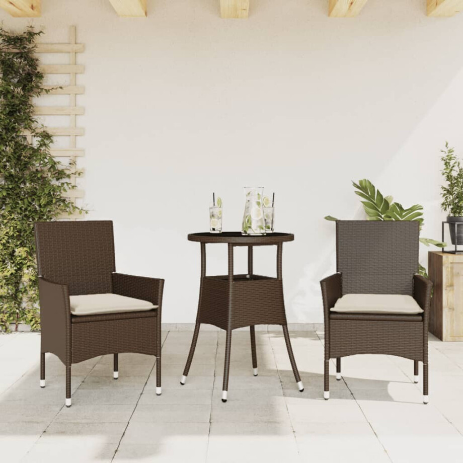 vidaXL 3-delige Tuinset met kussens poly rattan en glas bruin vidaXL 3-delige Tuinset met kussens poly rattan en glas bruin afbeelding 1