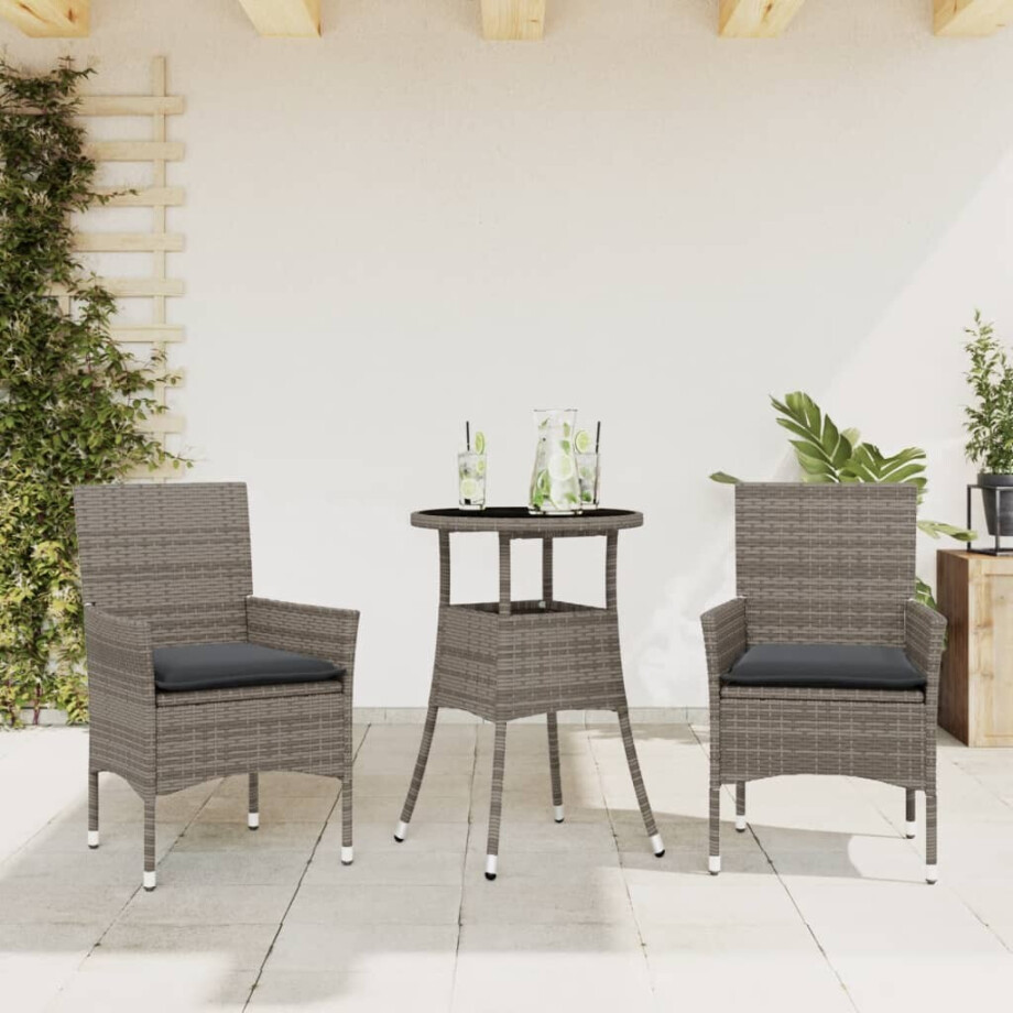 vidaXL 3-delige Tuinset met kussens poly rattan en glas grijs vidaXL 3-delige Tuinset met kussens poly rattan en glas grijs afbeelding 1