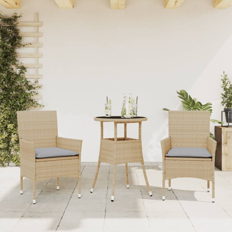 vidaXL 3-delige Tuinset met kussens poly rattan en glas beige vidaXL 3-delige Tuinset met kussens poly rattan en glas beige afbeelding 1