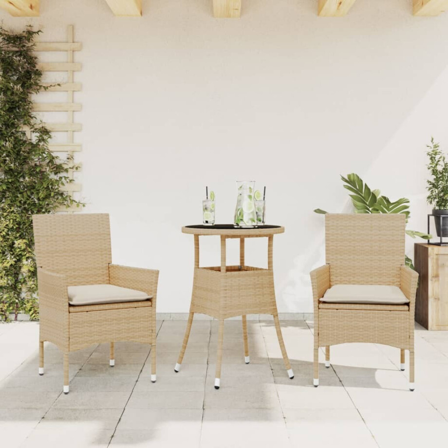vidaXL 3-delige Tuinset met kussens poly rattan en glas beige afbeelding 1