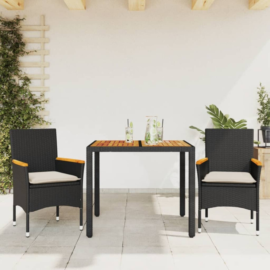 vidaXL 3-delige Tuinset met kussens poly rattan en acaciahout zwart vidaXL 3-delige Tuinset met kussens poly rattan en acaciahout zwart afbeelding 1