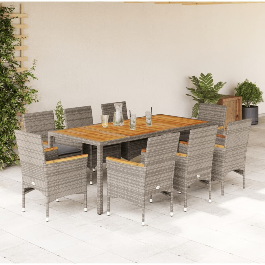 vidaXL 9-delige Tuinset met kussens poly rattan en acaciahout grijs afbeelding 1