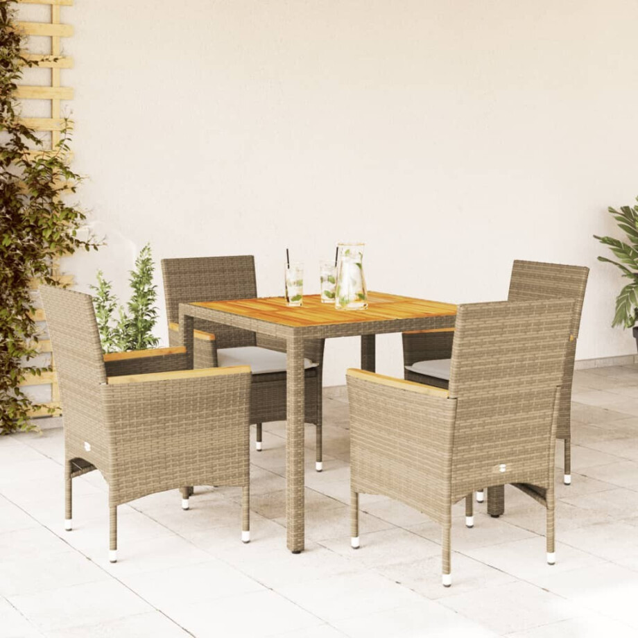 vidaXL 5-delige Tuinset met kussens poly rattan en acaciahout beige afbeelding 1