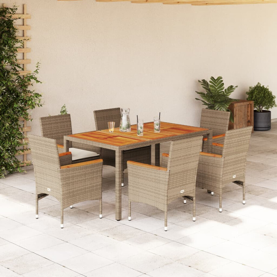 vidaXL 7-delige Tuinset met kussens poly rattan en acaciahout beige afbeelding 1
