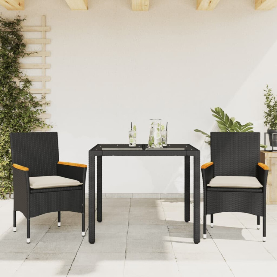 vidaXL 3-delige Tuinset met kussens poly rattan en glas zwart afbeelding 1