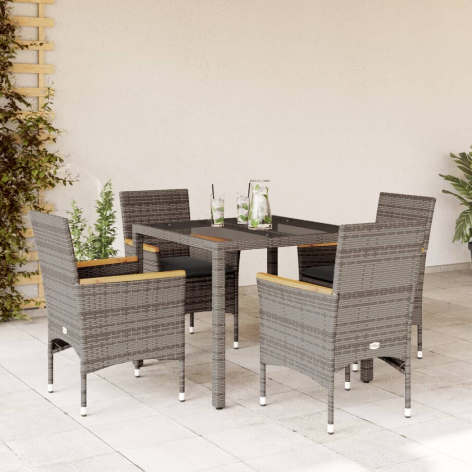 vidaXL 5-delige Tuinset met kussens poly rattan en glas grijs afbeelding 1