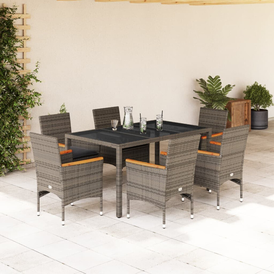 vidaXL 7-delige Tuinset met kussens poly rattan en glas grijs vidaXL 7-delige Tuinset met kussens poly rattan en glas grijs afbeelding 1