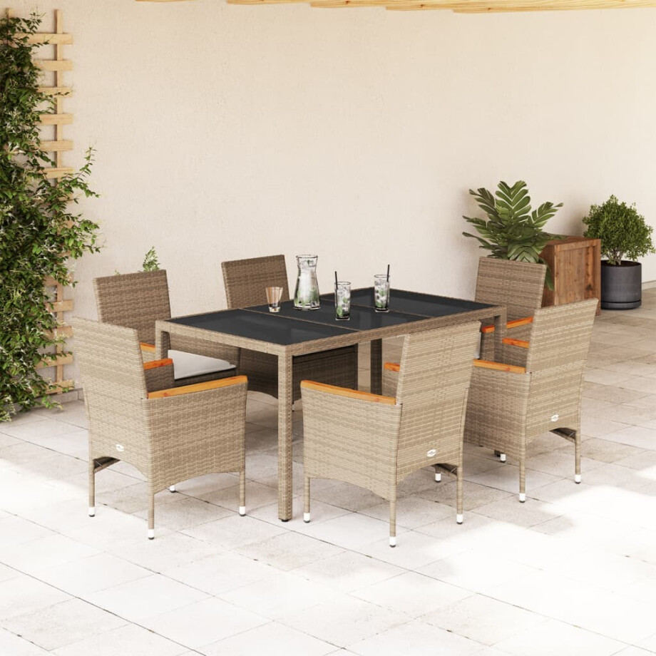 vidaXL 7-delige Tuinset met kussens poly rattan en glas beige afbeelding 1