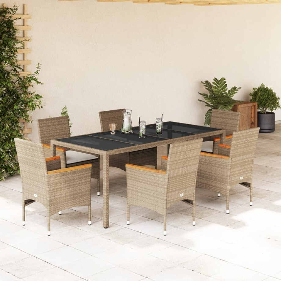 vidaXL 7-delige Tuinset met kussens poly rattan en glas beige vidaXL 7-delige Tuinset met kussens poly rattan en glas beige afbeelding 1