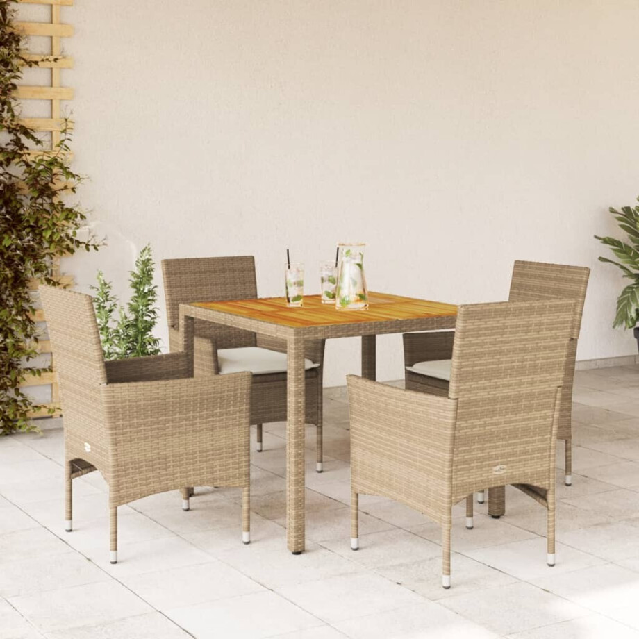 vidaXL 5-delige Tuinset met kussens poly rattan en acaciahout beige afbeelding 1