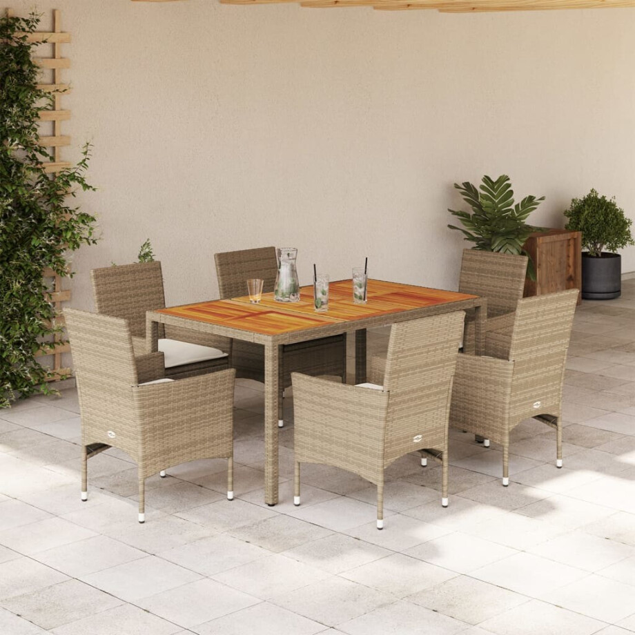 vidaXL 7-delige Tuinset met kussens poly rattan en acaciahout beige afbeelding 1