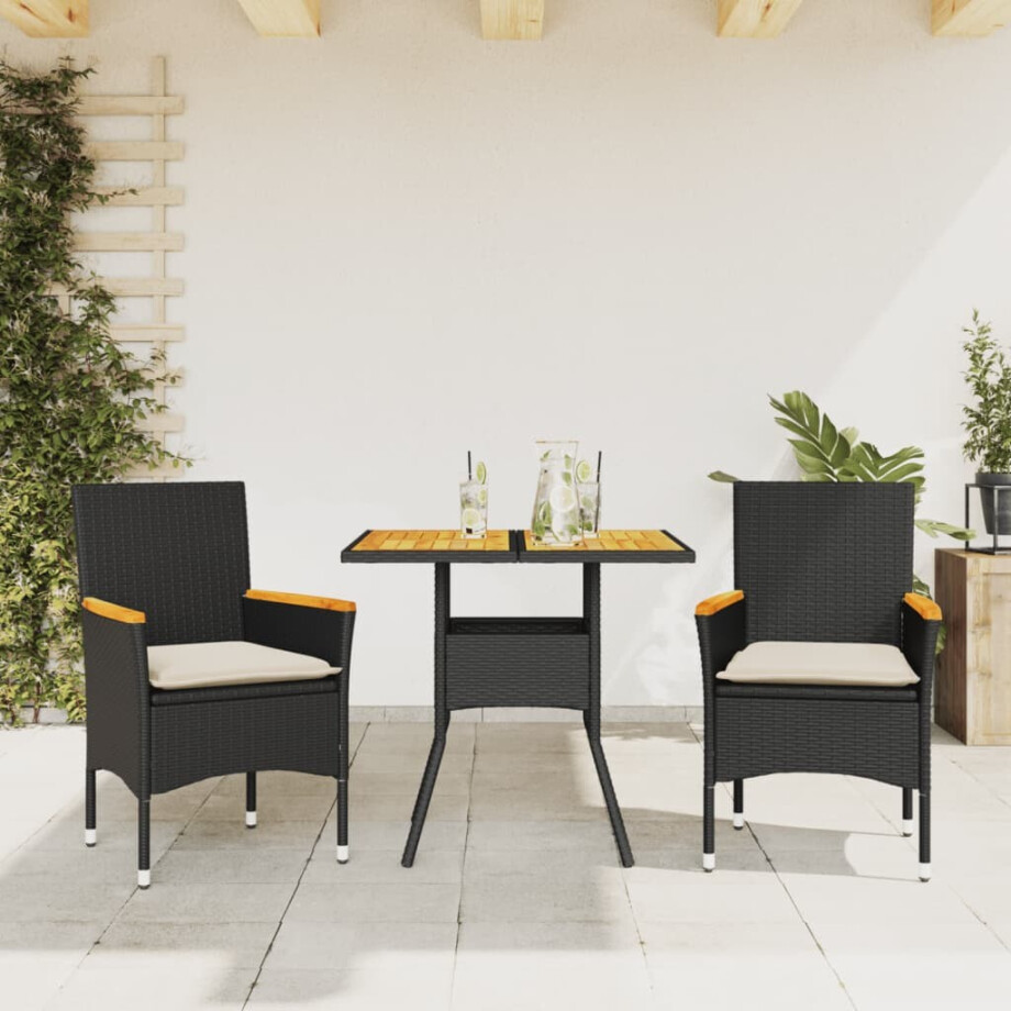 vidaXL 3-delige Tuinset met kussens poly rattan en acaciahout zwart afbeelding 1