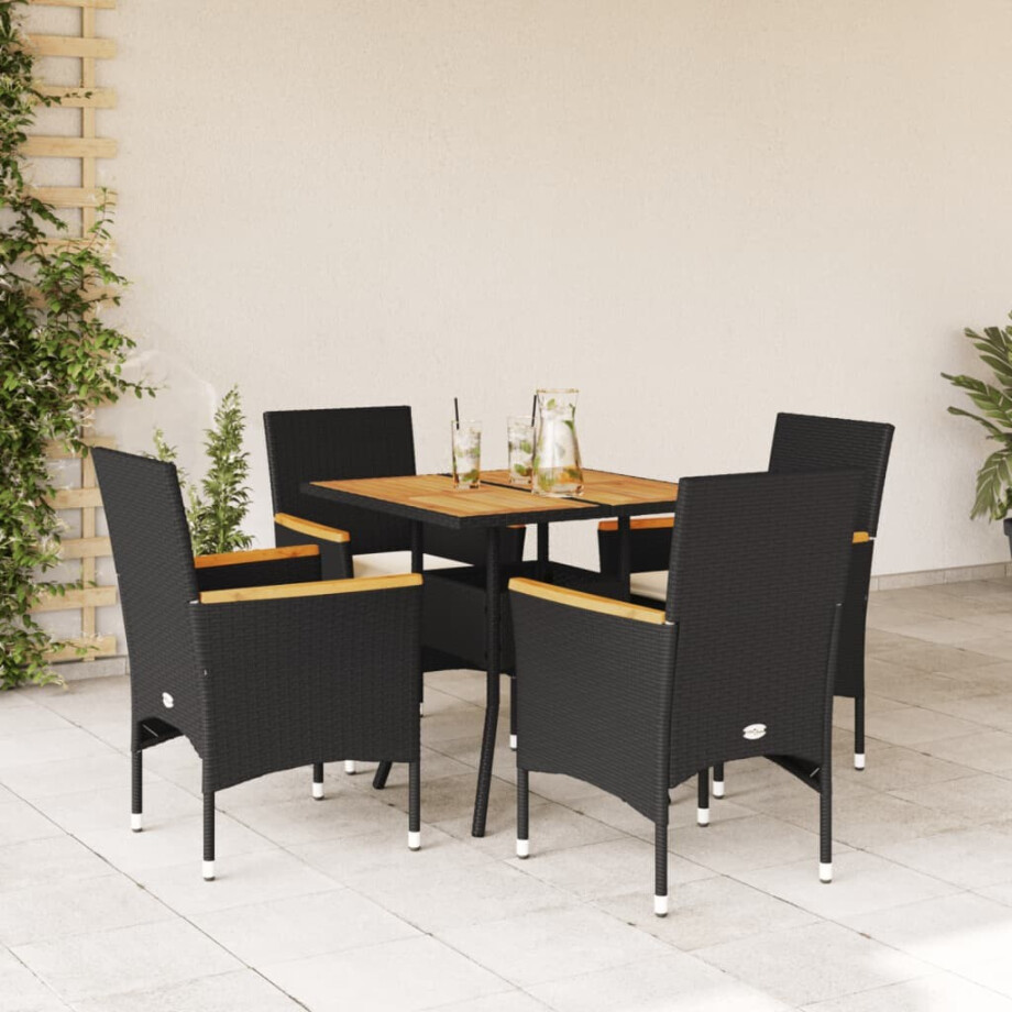 vidaXL 5-delige Loungeset met kussens poly rattan en acaciahout zwart afbeelding 1
