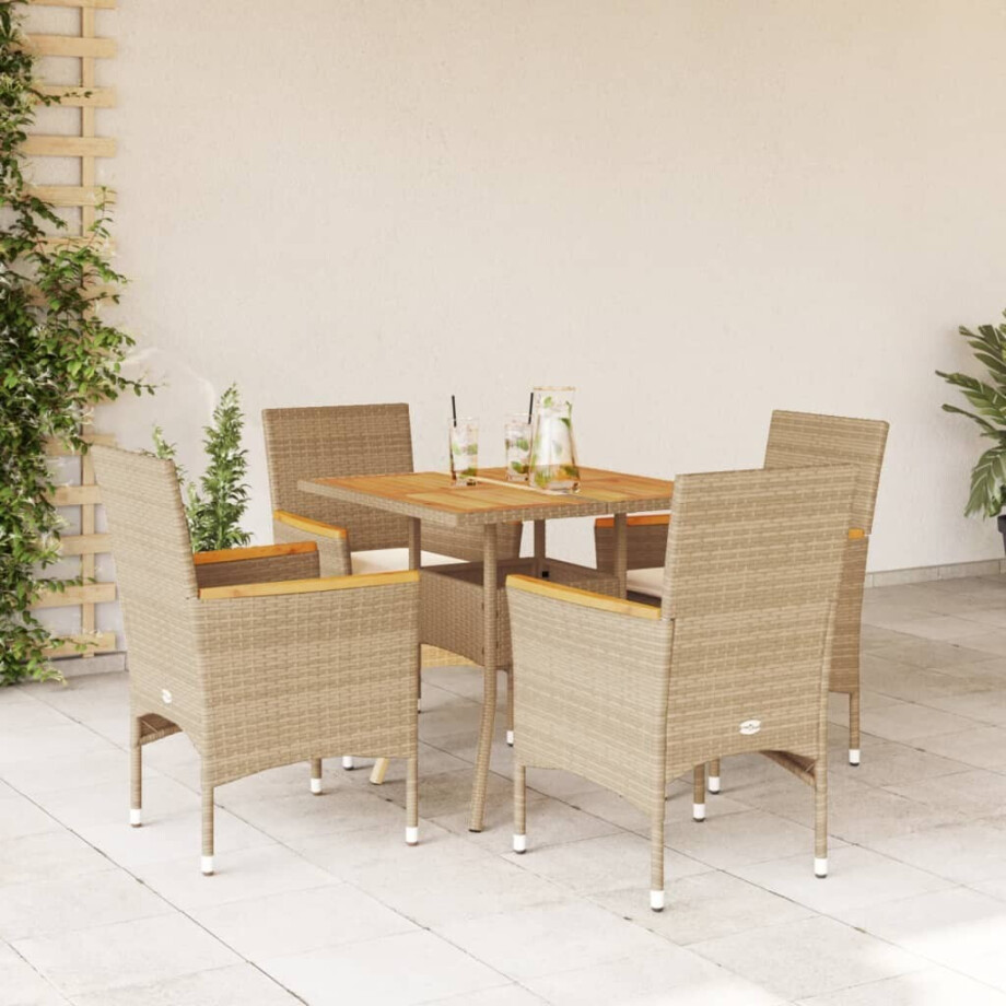 vidaXL 5-delige Tuinset met kussens poly rattan en acaciahout beige afbeelding 1