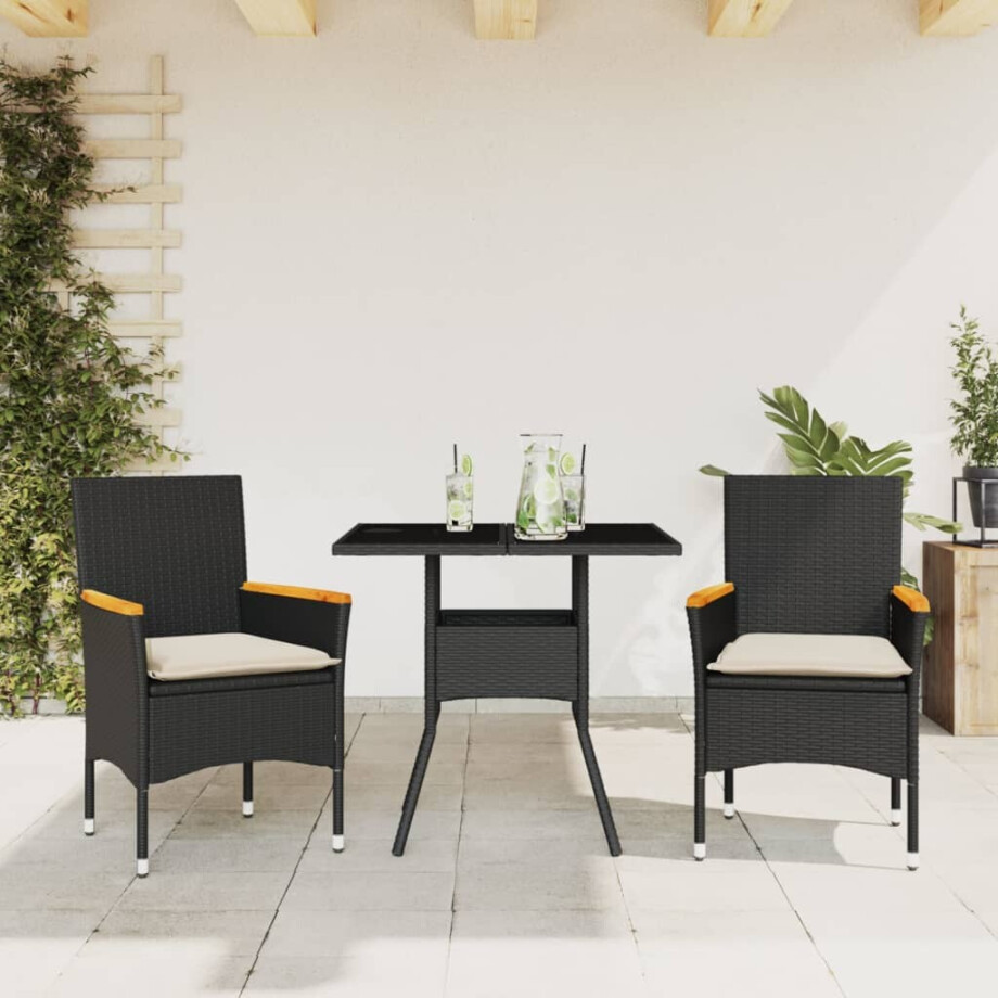vidaXL 3-delige Tuinset met kussens poly rattan en glas zwart afbeelding 1