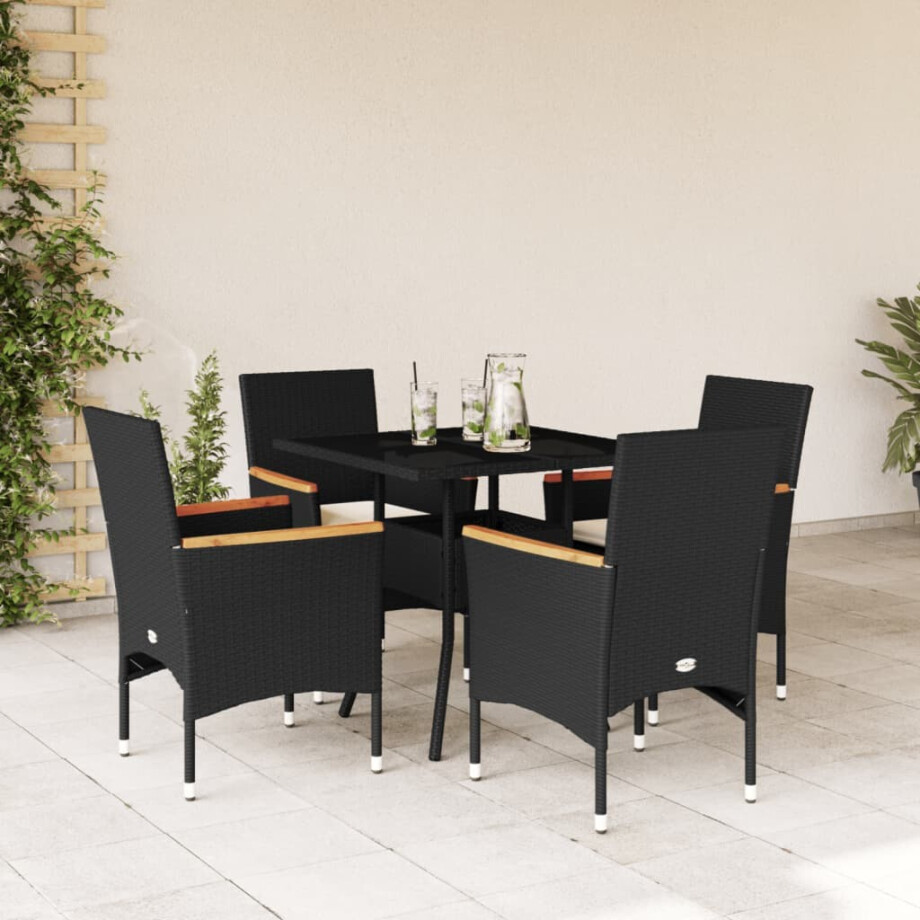 vidaXL 5-delige Tuinset met kussens poly rattan en glas zwart afbeelding 1