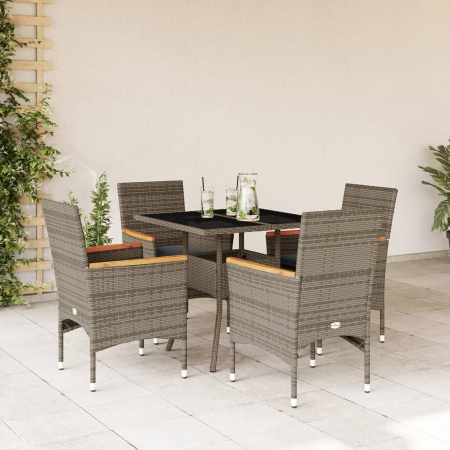 vidaXL 5-delige Tuinset met kussens poly rattan en glas grijs afbeelding 1
