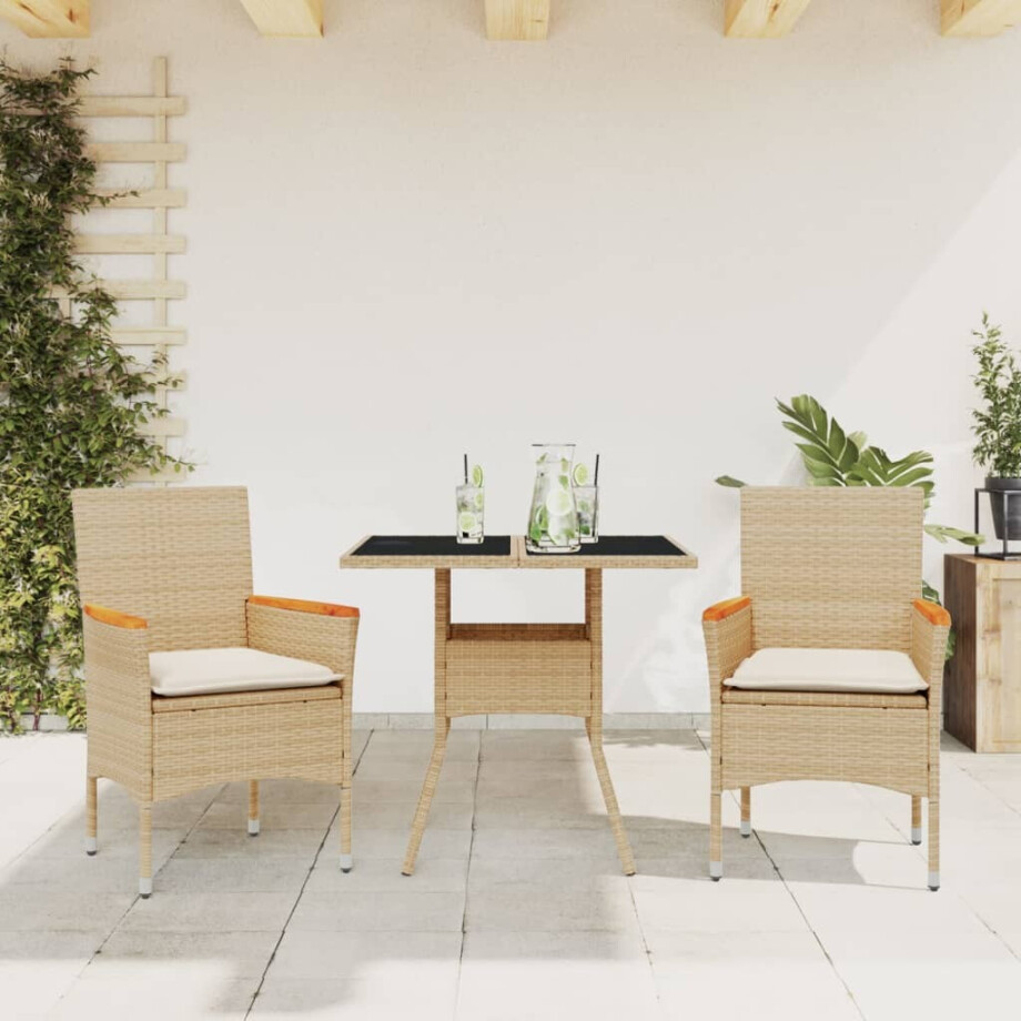 vidaXL 3-delige Tuinset met kussens poly rattan en glas beige vidaXL 3-delige Tuinset met kussens poly rattan en glas beige afbeelding 1