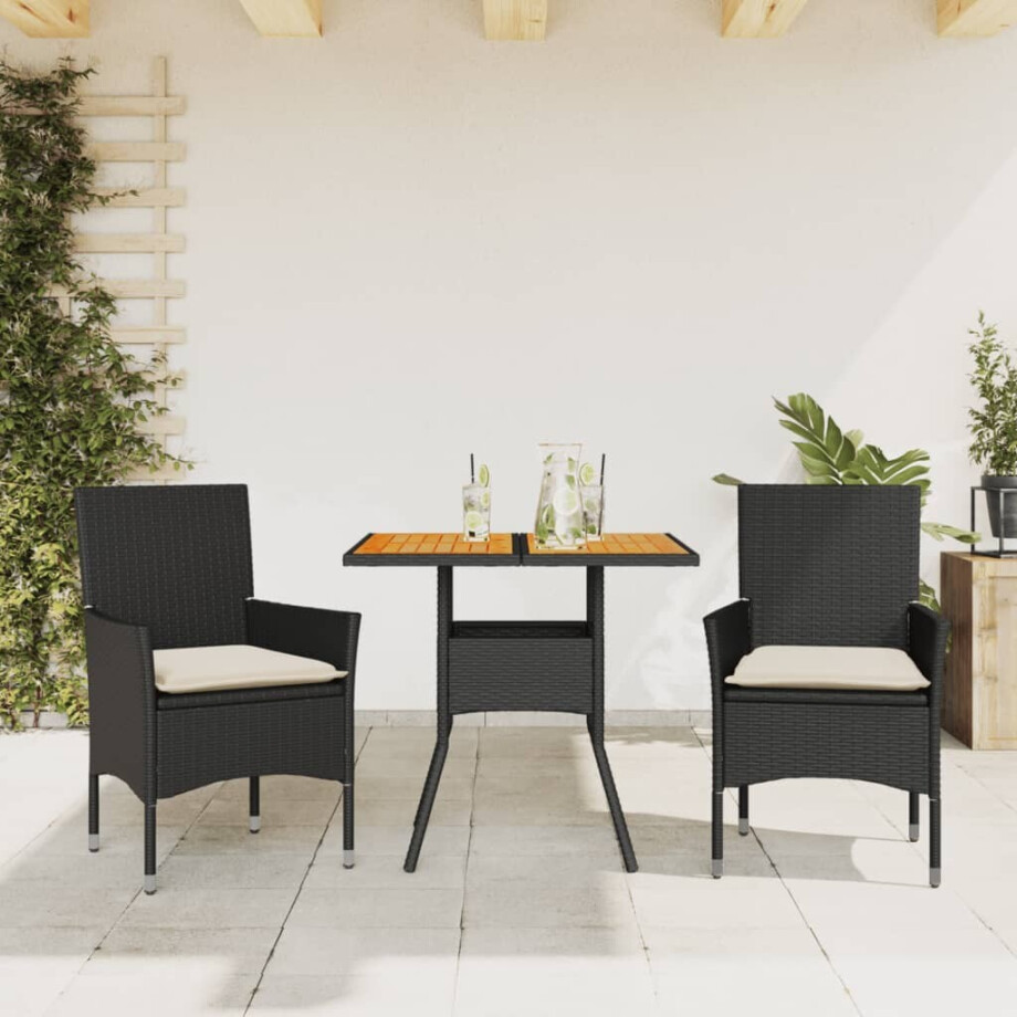 vidaXL 3-delige Tuinset met kussens poly rattan en acaciahout zwart afbeelding 1