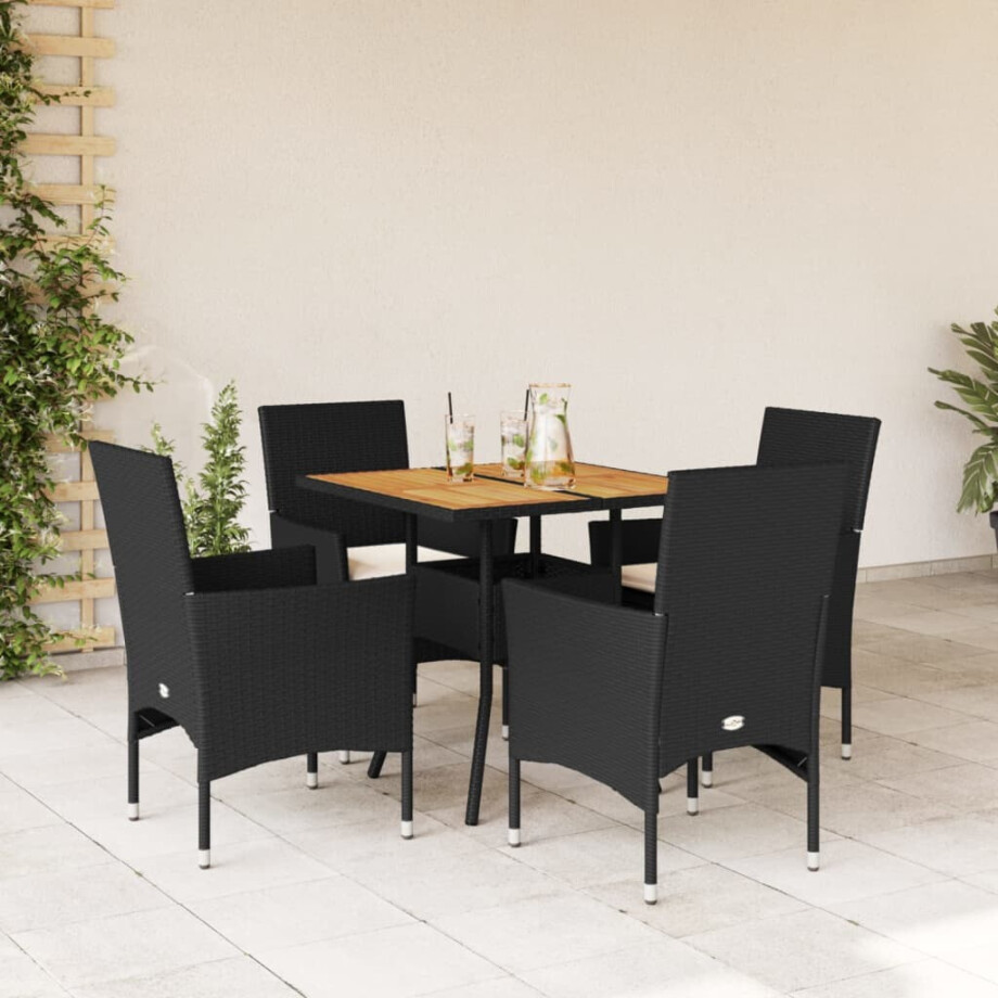 vidaXL 5-delige Loungeset met kussens poly rattan en acaciahout zwart afbeelding 1