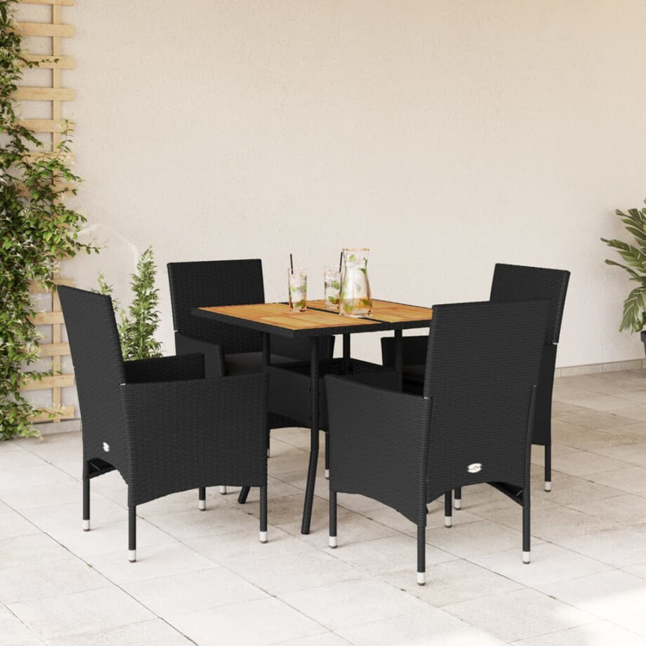 vidaXL 5-delige Loungeset met kussens poly rattan en acaciahout zwart afbeelding 1