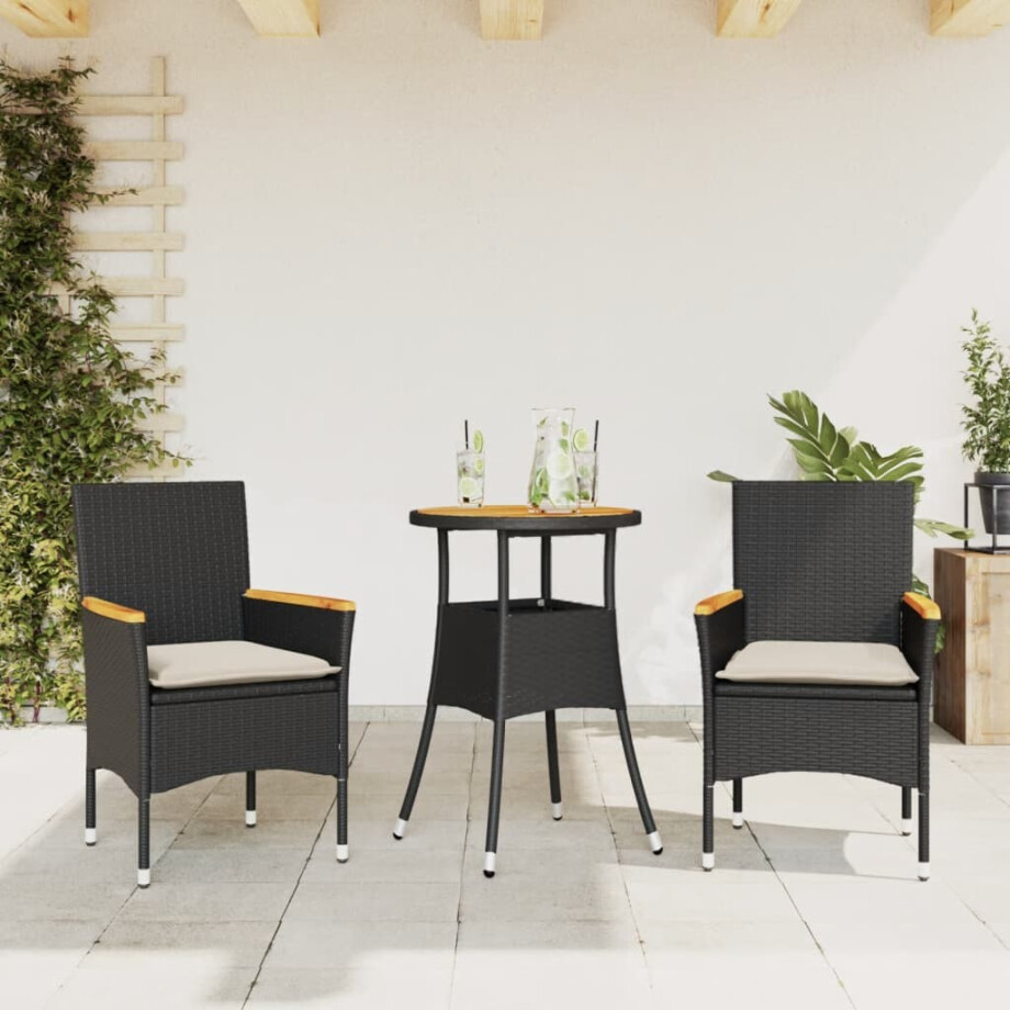 vidaXL 3-delige Tuinset met kussens poly rattan en acaciahout zwart vidaXL 3-delige Tuinset met kussens poly rattan en acaciahout zwart afbeelding 1