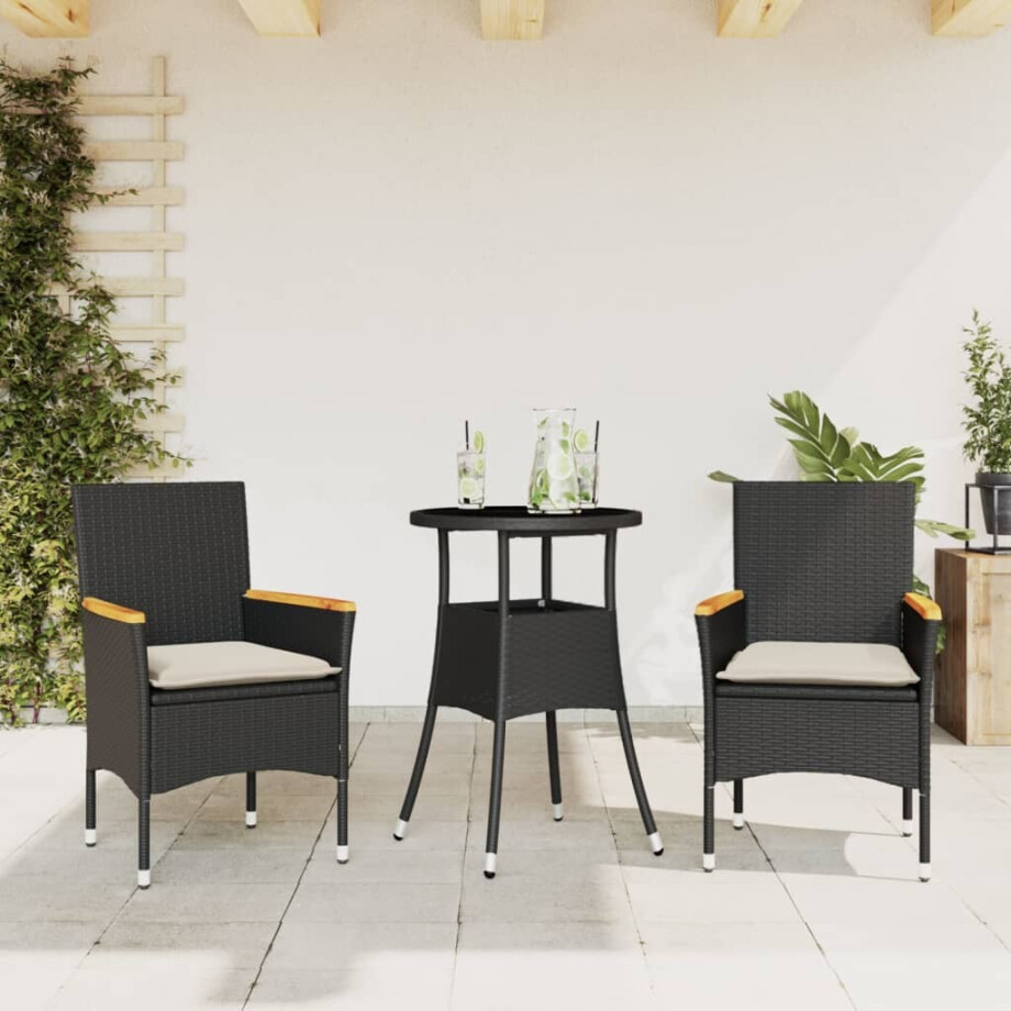 vidaXL 3-delige Tuinset met kussens poly rattan en glas zwart afbeelding 1