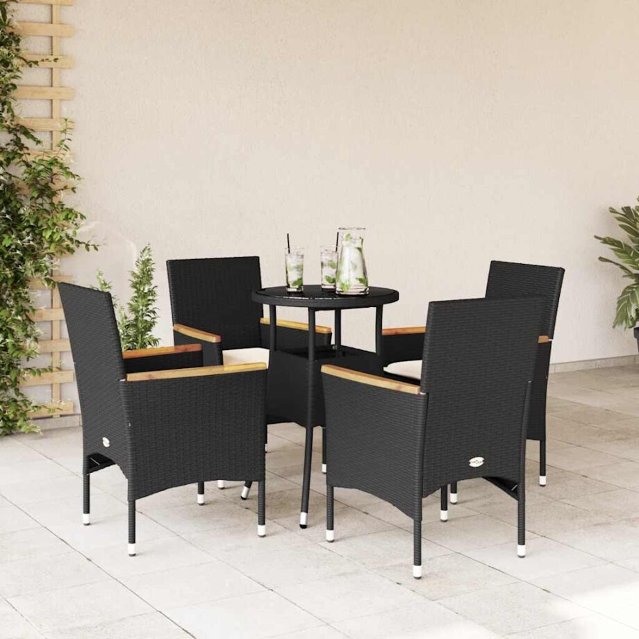 vidaXL 5-delige Tuinset met kussens poly rattan en glas zwart afbeelding 1