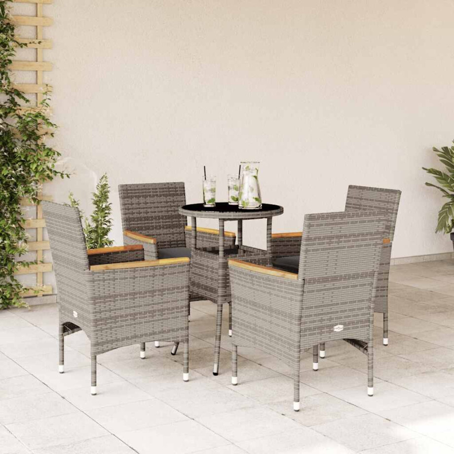 vidaXL 5-delige Tuinset met kussens poly rattan en glas grijs afbeelding 1
