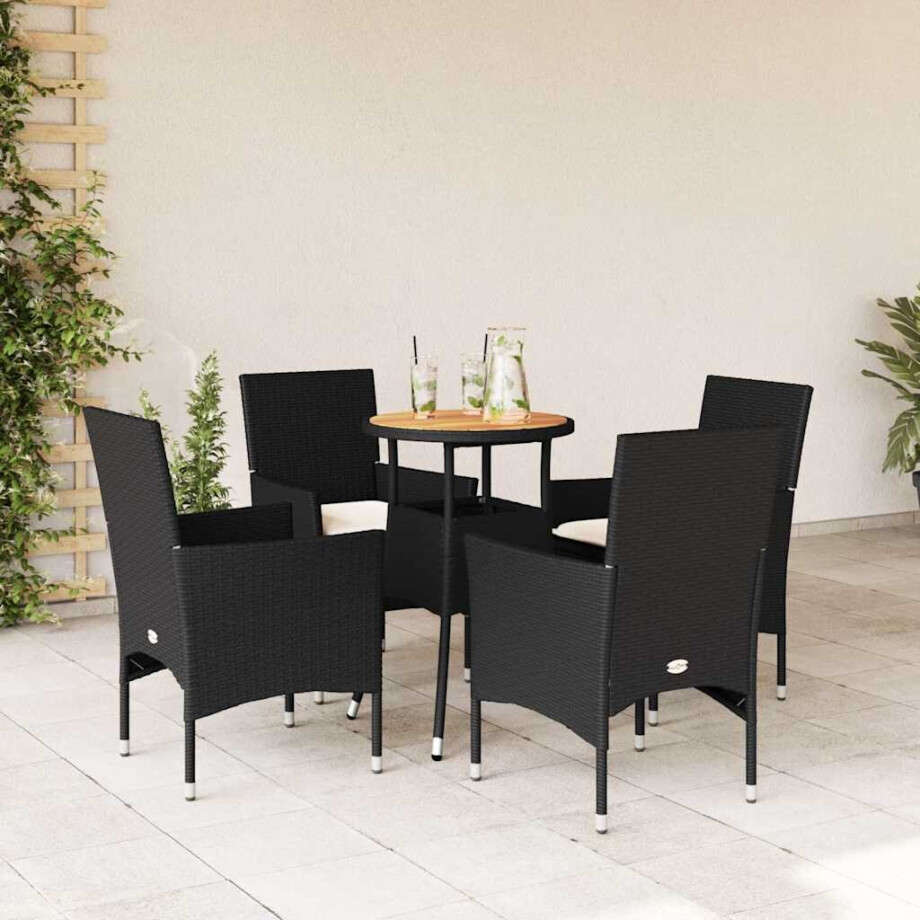 vidaXL 5-delige Loungeset met kussens poly rattan en acaciahout zwart afbeelding 1