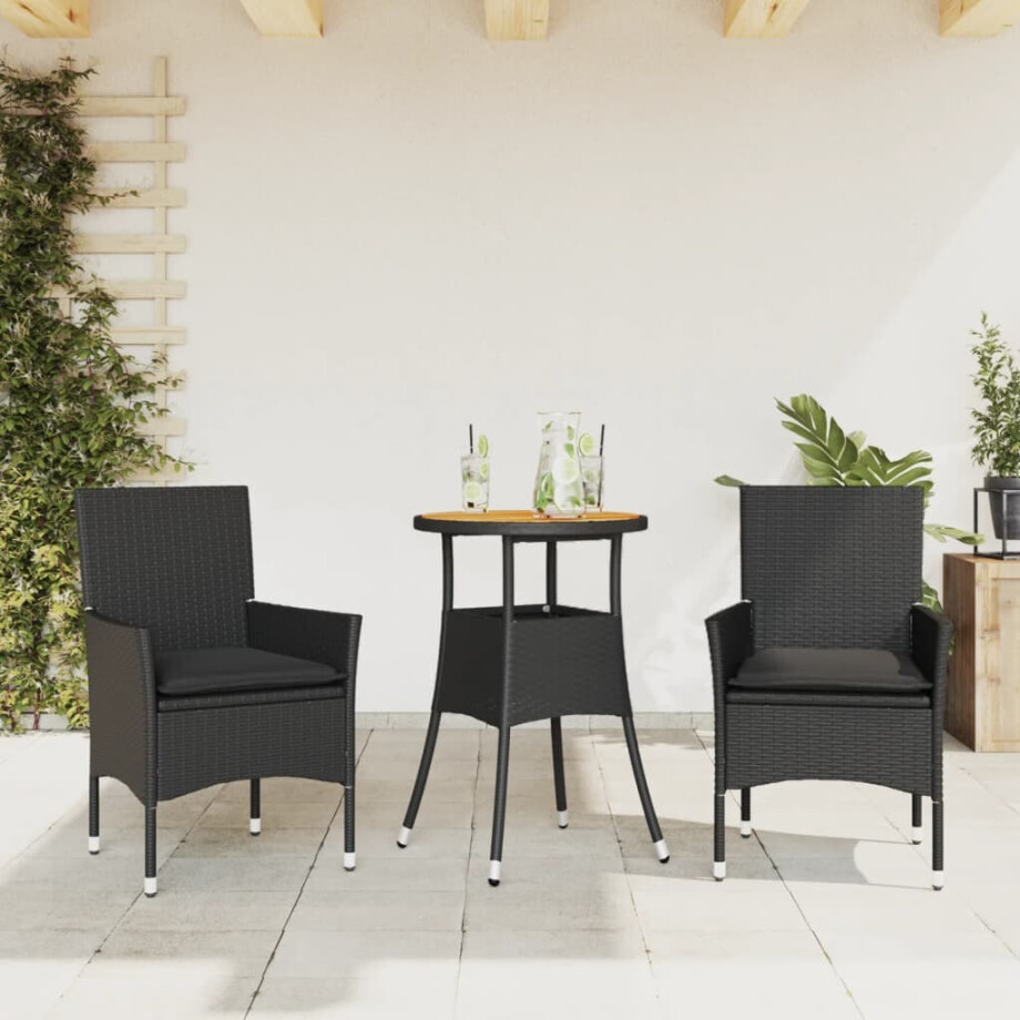 vidaXL 3-delige Tuinset met kussens poly rattan en acaciahout zwart vidaXL 3-delige Tuinset met kussens poly rattan en acaciahout zwart afbeelding 1