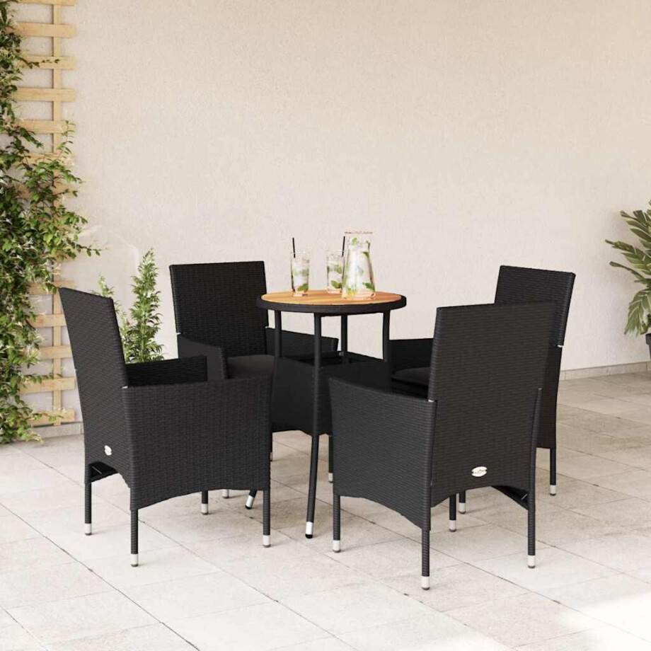 vidaXL 5-delige Loungeset met kussens poly rattan en acaciahout zwart afbeelding 1