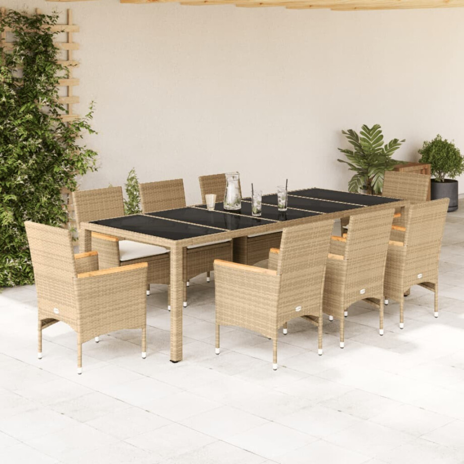 vidaXL 9-delige Tuinset met kussens poly rattan en glas beige vidaXL 9-delige Tuinset met kussens poly rattan en glas beige afbeelding 1