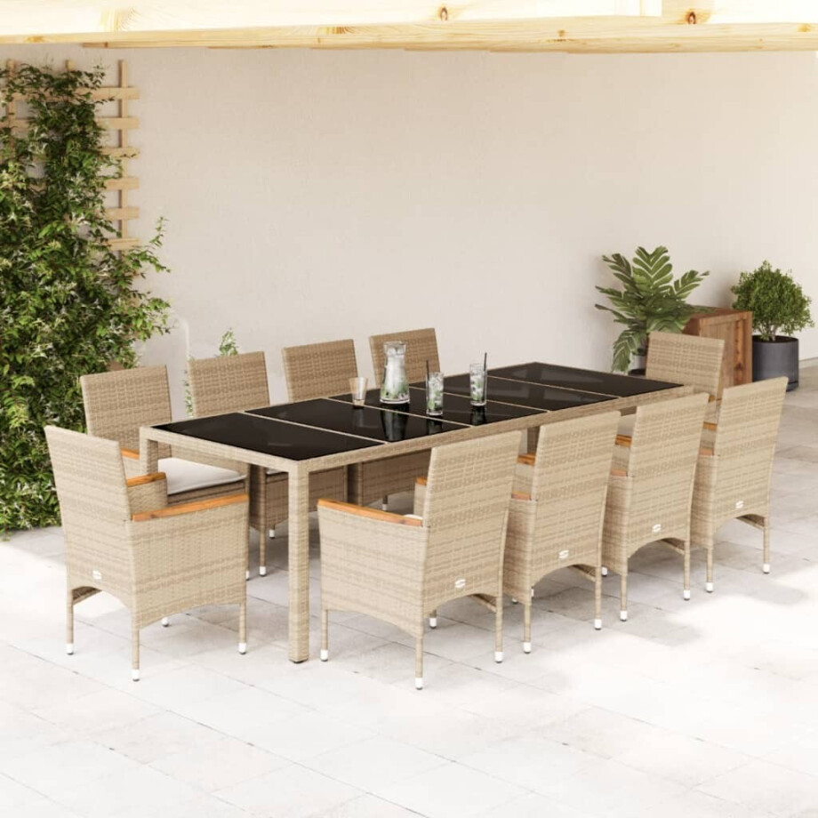 vidaXL 11-delige Tuinset met kussens poly rattan en glas beige afbeelding 1