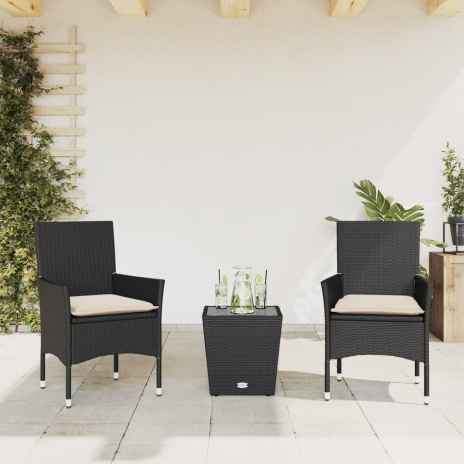 vidaXL 3-delige Bistroset met kussens poly rattan en glas zwart afbeelding 1