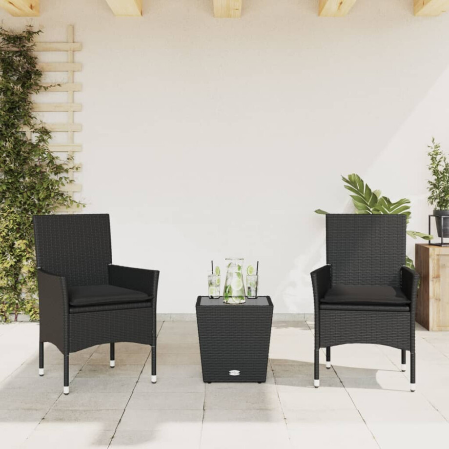 vidaXL 3-delige Bistroset met kussens poly rattan en glas zwart afbeelding 1